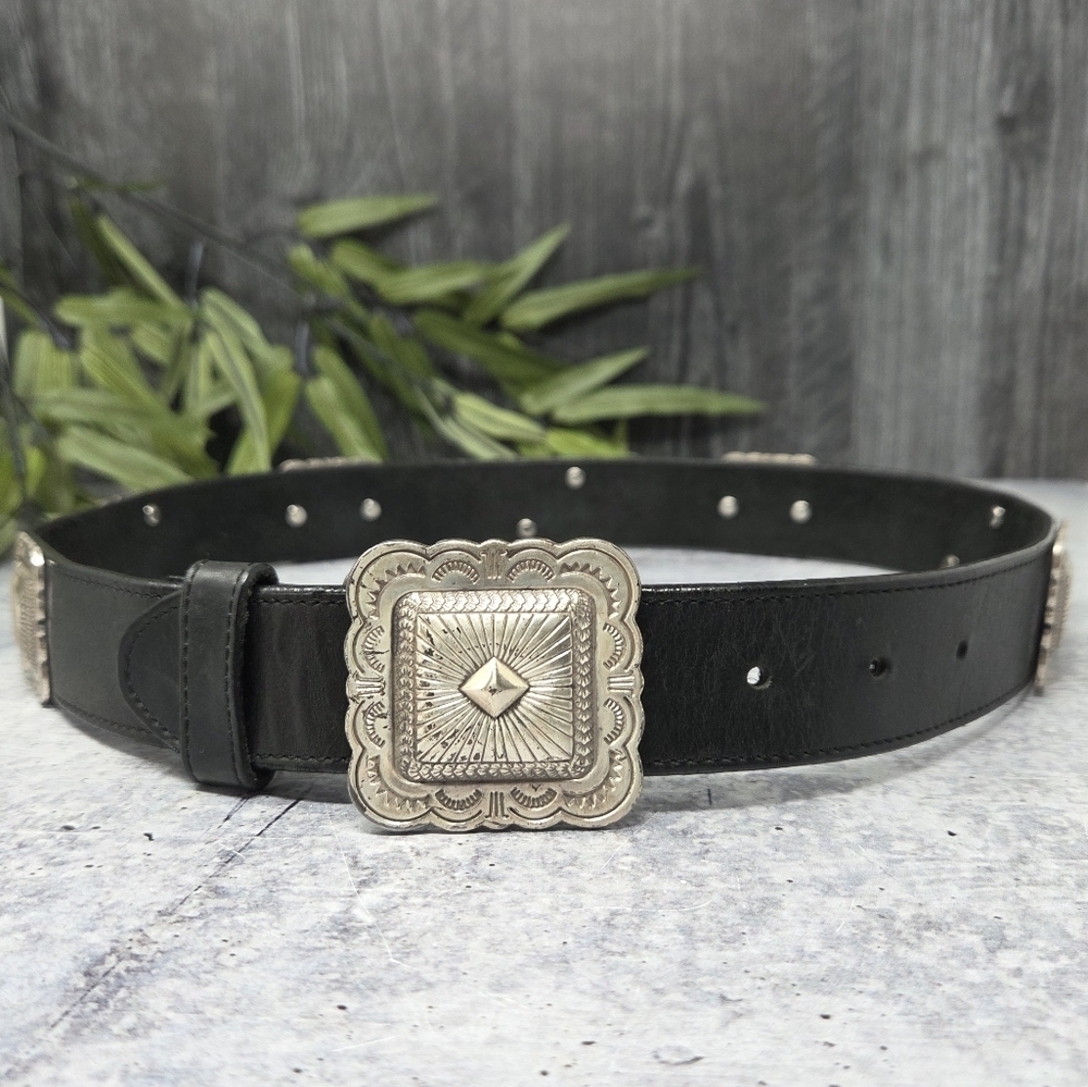 Vintage Brighton 1992 Western Black Concho Leather Belt Silver Buckle Medallions